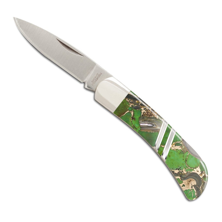 Green Turquoise/Abalone/Bronze - Gemstone Exotics - 3" Lockback Knife